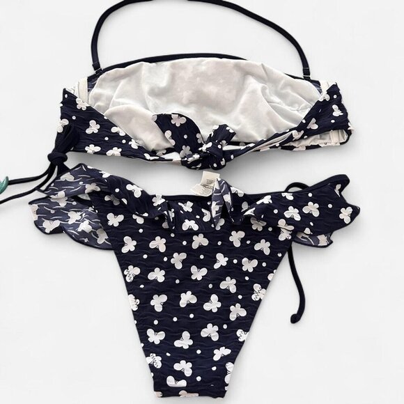 Navy white girly Cottagecore dainty polka dot butterfly ruffle tie halter bikini - Picture 6 of 6